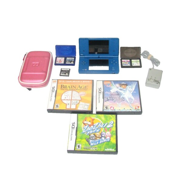 Nintendo DS Blue Handheld Game System with Case, Cord & Lot of 8 Games